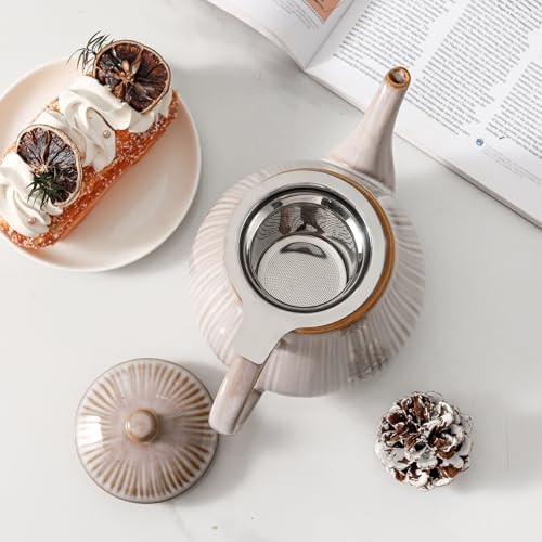 HVH 40 oz Porcelain Teapot with Stainless Steel Infuser, Ceramic Tea pot with Infuser for Loose Tea, Enough For 6 Cups, Striped Series (Sand Color) - Image 3