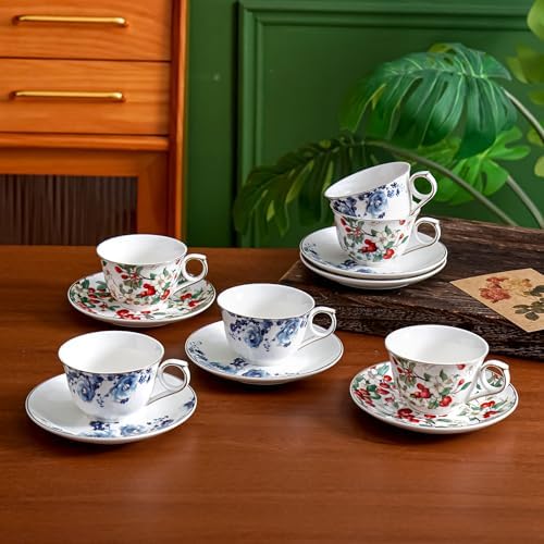 Ceramic Flora Cups with Saucers，5oz Espresso Cups for Latte Coffee Cafe, Specialty Coffee Drinks, Cappuccino and Tea (Blue Flower) - Image 6