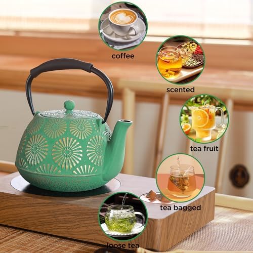 Cast Iron Teapot, 40oz Tea Kettle with Infuser for Stove Top, Sakura Design Japanese Tea Pot for Loose Leaf Coated with Enameled Interior, Silicone Handle 1200ml Green - Image 3