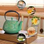 Cast Iron Teapot, 40oz Tea Kettle with Infuser for Stove Top, Sakura Design Japanese Tea Pot for Loose Leaf Coated with Enameled Interior, Silicone Handle 1200ml Green - Image 3