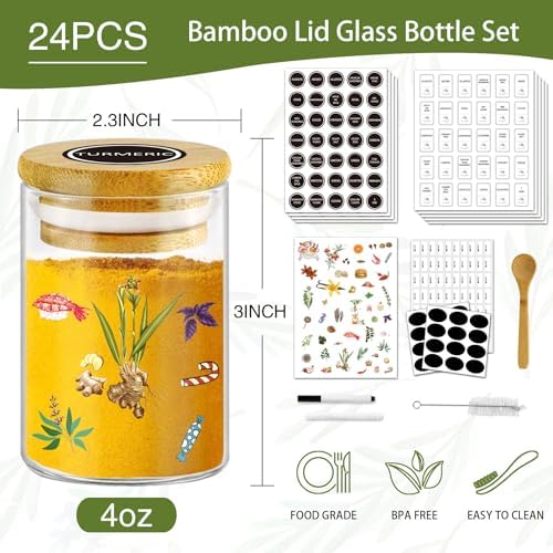SLifeJars-Spice Jars with Label, 4 oz 24 pcs Spice Containers Glass Jars with Bamboo Lids, Seasoning Containers Bottles, Airtight Empty Glass Jars for Spice Rack,Drawer,Cabinet,Pantry - Image 2