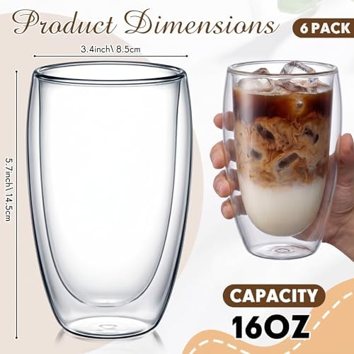 6 Pack 16oz Double Walled Glass Coffee Mugs, 450ml Large Borosilicate Insulated Clear Glass Cups for Latte Cappuccino Espresso Tea Matcha Hot or Cold Drinks - Image 2