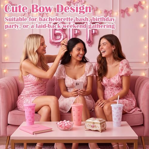 Honeydak 30 Pcs 24 oz Pink Bow Plastic Tumbler with Straw and Lids Bulk - Image 5