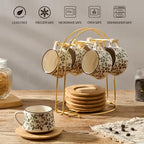 LUKA Ceramic Coffee Espresso Cups with Saucers Set andMetal Stand, 4.4 oz Unique Porcelain Demitasse Cups ForTea, Espresso, Latte, Set of 6, Green and Beige - Image 5