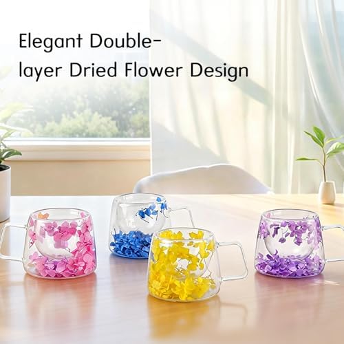 Double Wall Glass Coffee Mug with Dry Flowers, 200ml Clear Tea Cup(Purple) - Image 2
