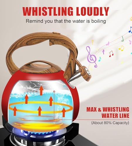 3.2Qt Stainless Steel Whistling Tea Kettle Stovetop, Red - Image 4