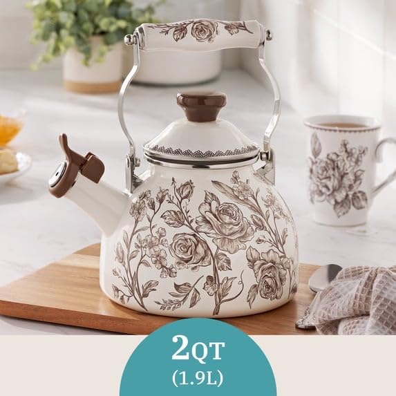 2 Qt Enamel Tea Kettle, Stovetop Whistling, Brown - Image 5