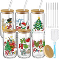 6 Pcs Christmas Glass Cups with Lids and Straws Snowman Christmas Tree Gnome Blessed Tumbler 16 oz Xmas Reusable Can Shaped Drinking Glasses Bulk for Winter Gifts Party Supplies by Acellegic
