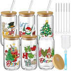 6 Pcs Christmas Glass Cups with Lids and Straws Snowman Christmas Tree Gnome Blessed Tumbler 16 oz Xmas Reusable Can Shaped Drinking Glasses Bulk for Winter Gifts Party Supplies by Acellegic