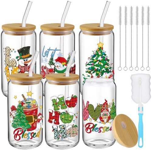 6 Pcs Christmas Glass Cups with Lids and Straws Snowman Christmas Tree Gnome Blessed Tumbler 16 oz Xmas Reusable Can Shaped Drinking Glasses Bulk for Winter Gifts Party Supplies by Acellegic
