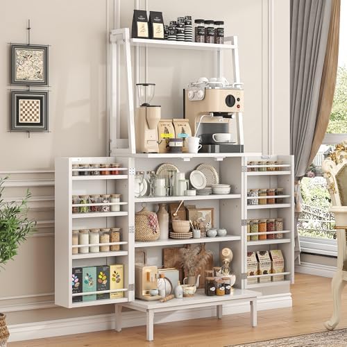 kepptory 51" Kitchen Baker's Rack with Storage, Microwave & Toaster Oven Stand, Freestanding Coffee Bar Station with Wine Glass Holder & Side Storage Shelves, White by kepptory