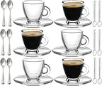 BOHEM'S Espresso Cups, 3.2 oz Small Demitasse Clear Glass Espresso Drinkware, Set Of Cups, Saucers and Stainless Steel mini Spoons + Free Glass Spoons (Set of 6) by BOHEMS