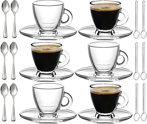 BOHEM'S Espresso Cups, 3.2 oz Small Demitasse Clear Glass Espresso Drinkware, Set Of Cups, Saucers and Stainless Steel mini Spoons + Free Glass Spoons (Set of 6) by BOHEMS