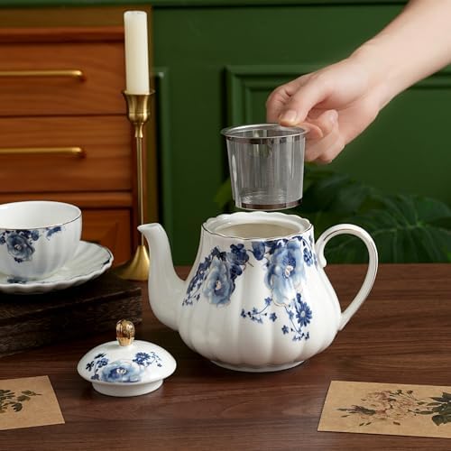 Floral Ceramic Teapot，small tea pot for tea party，tea pot with infusers for loose tea (Blue Flowers) - Image 4