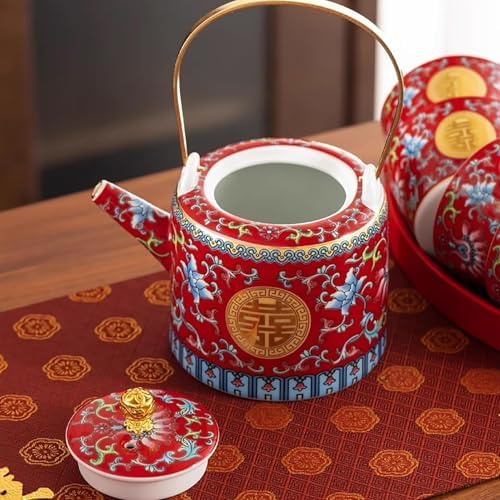 Chinese Tea Set Traditiona, Chinese Wedding Tea Ceremony Set Red Ceramic Double Happiness Decorations with 1 Tea Pot & 6 Tea Cups for Newlyweds and Friends - Image 5