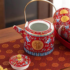 Chinese Tea Set Traditiona, Chinese Wedding Tea Ceremony Set Red Ceramic Double Happiness Decorations with 1 Tea Pot & 6 Tea Cups for Newlyweds and Friends - Image 5