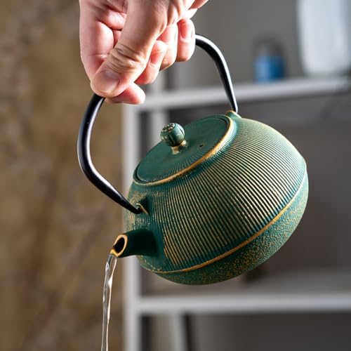 Urban Tokyo 27 fl oz Cast Iron Teapot Japanese Style Tetsubin Tea Kettle with Stainless Steel Infuser, Stovetop Safe, Green with Gold Accents, Excellent Heat Retention for Loose Leaf Tea - Image 3