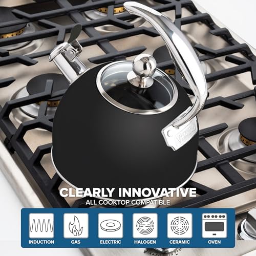Viking 3-Ply Stainless Steel Tea Kettle, 2.6 Quart Stovetop Hot Water Pot with Tempered Glass Lid, Ergonomic Handle, Induction Ready, Matte Black - Image 5