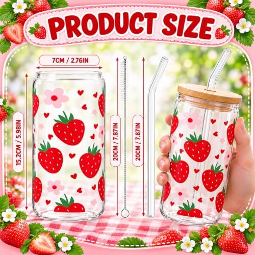 Vesici 6 Pcs Strawberry Glasses with Lid Straw and Stopper, Strawberry Gift - Image 3