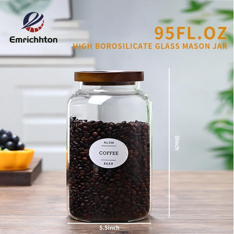 2-pack 3/4 gallon glass storage container with Acacia Wood Lids and glass spoon, Sealable Waterproof, Large Tall Glass Jar,Glass food storage Jars Set for Coffee bean, Nut, Candy, Cereal, Flour，sugar - Image 2