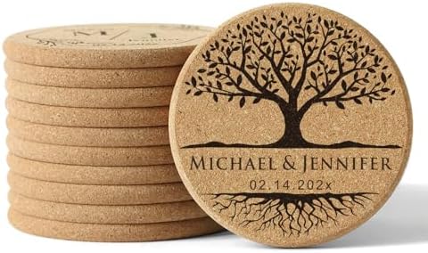 Personalized Cork Coasters - Custom Engraved Wedding Favor,Natural Round Drink Coasters, Bulk Guest Gifts, Bridal Shower,Party,Reception and Anniversary Gift Decor - Set of 25-300pcs by Handmade