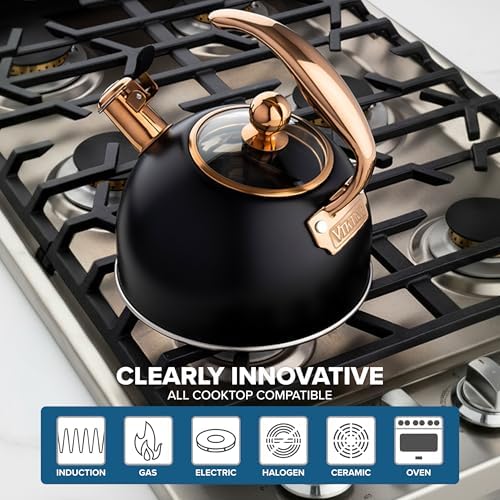 Viking 3-Ply Stainless Steel Tea Kettle, 2.6 Quart Stovetop Hot Water Pot with Tempered Glass Lid, Ergonomic Handle, Induction Ready, Matte Black and Copper - Image 7
