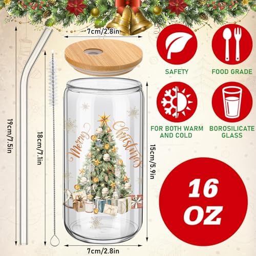Teenyyou 12 Set of Glasses with Bamboo Lid and Glass Straw 16 oz(Christmas tree) - Image 3