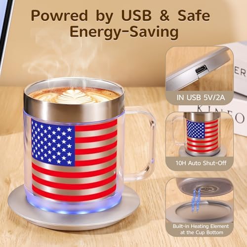 Electric Heating Cup, Mug Warmer with Sliding Lid(American Flag-12oz) - Image 2