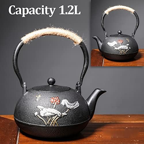 Tea Kettle,Cast Iron Teapot in Japanese Style,Tetsubin Tea Kettle with Stainless Steel Infuser,Die Casting Pattern Stove Safe Kettles,Traditional Iron Teapots,1.2L(Color:O) (Size : Small) - Image 2