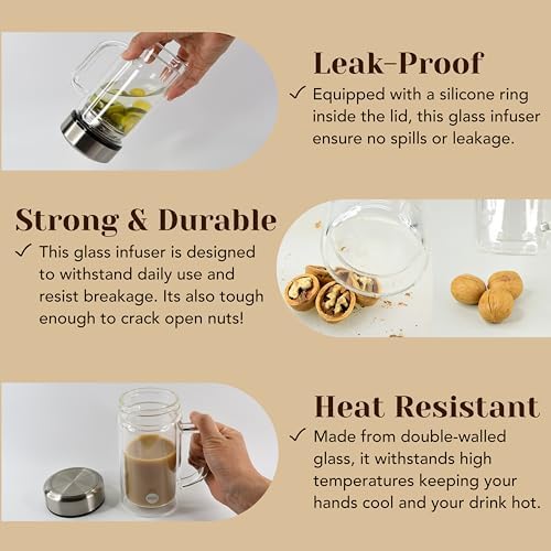 Amruta 13oz/380ml Glass Infuser Bottle Tea Tumbler w/Handle, Double-Walled Borosilicate Glass for Loose Leaf Tea & Coffee,304 Stainless Steel Lid & Strainer, Heat Resistant & Leak-Proof - Image 5