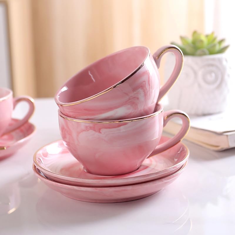 Ceramic Espresso Cups Set with Saucers and Metal Stand, 4 oz Porcelain Stackable Cappuccino Cups Teacup For Tea, Espresso, Latte, Coffee, Cafe Mocha (Pink - Image 3