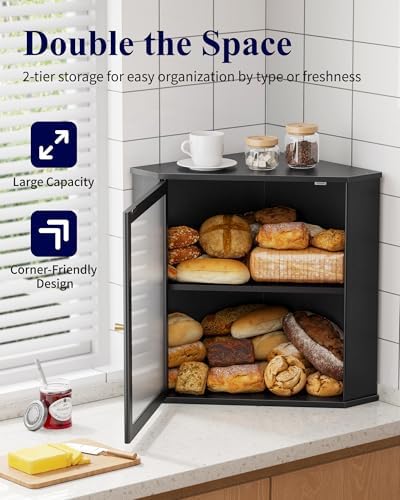 Kitsure Wooden Corner Bread Box for Kitchen Countertop, Large, Black - Image 3