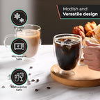 12 Oz Double Wall Borosilicate Insulated Glass Coffee Mug Set of 4, 350ml Coffee Cups with Handle for Cappuccino, Tea, Latte - Perfect Cappuccino Cup Gift - Image 2