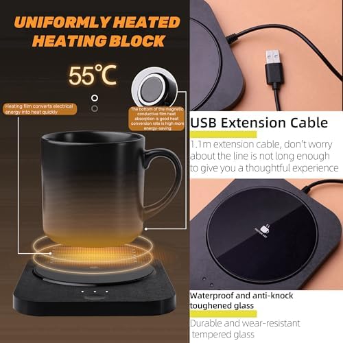 Wireless Tea Warmer Set,Smart Heated Mug Kit with Wirelessly Charge cell phone,Mug Warmer for Desk,Electric Coffee Warmer with Mug Set,Cordless Cup Warmer Rechargeable,Heated Cup Auto Shut Off (Black) - Image 4