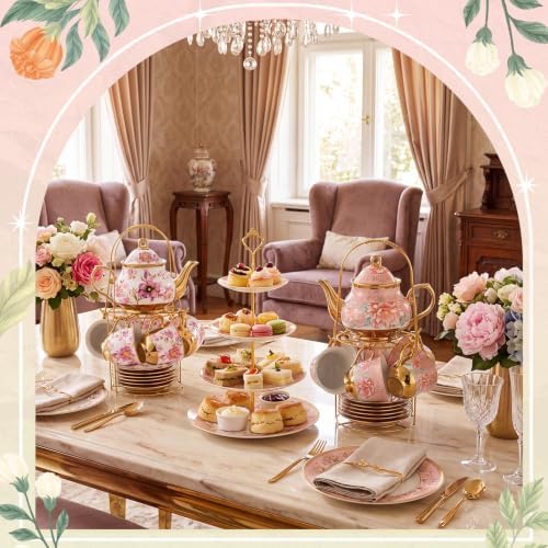 Zhehao 40 Pcs Porcelain Tea Set for Adult, with Metal Holder, Luxe - Image 4