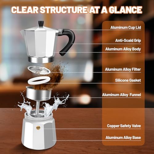 9 Cup Aluminum Espresso Stovetop Moka Pot Express Coffee Maker Percolator Italian Classic Mocha Coffee Machine with Black Electric Coffee Grinder Touchscreen 2-14 Cup Conical Burr Coffee Grinde - Image 4