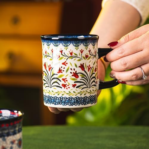 Ceramic Latte Mug Set of 4, 15.5oz Hand Painted Porcelain Coffee Cups With Big Handle - Modern,Retro Design For Any Kitchen. Microwave and Dishwasher Safe (The tulip) - Image 4