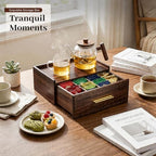 Acacia Wood Tea Bag Organizer with Storage Drawer | 8 Compartments Tea Caddy with Pattern Carving & 2 Ceramic Absorbent Coasters | Wooden Teabag Holder Tea Organizers for Countertop (Walnut) - Image 4