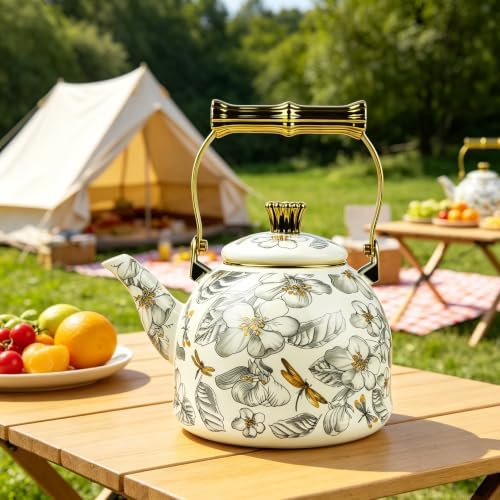 Vintage Enamel Tea Kettle, Dragonfly Floral Pattern Stovetop Teapot with Gold Handle, 2.5L Enamel Kettle Kitchen Decor, Ideal Gift for Housewarming Camping Coffee Pot - Image 6