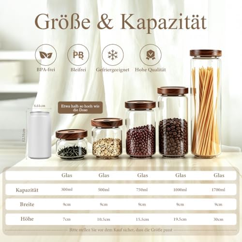 Glass Jars with Airtight Wood Lids - Small Large Kitchen Pantry Storage Containers, Canisters for Spaghetti, Noodles, Pasta, Ground Coffee, Sugar, Cereal, Spice, Salt, Salad, Matcha, Set of 5 - Image 2
