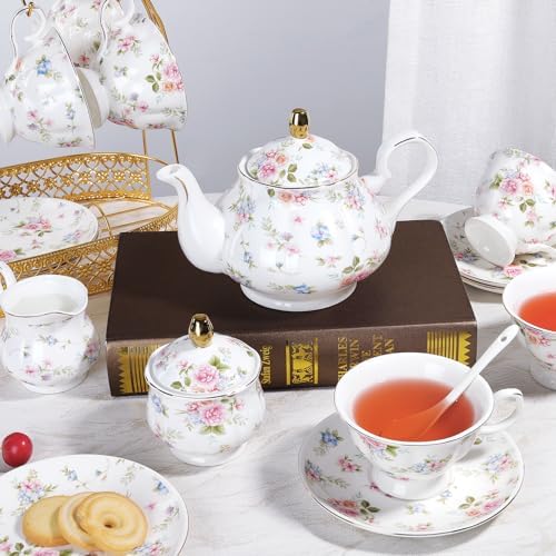 fanquare 21 Piece Vintage Pink Blue Floral Porcelain Tea Set with Gold Trim - Image 5