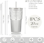 KEMORELA 20oz Ribbed&Floral Iced Coffee Cups with Lids, Reusable Glass Cups - Image 2