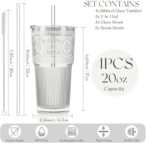 KEMORELA 20oz Ribbed&Floral Iced Coffee Cups with Lids, Reusable Glass Cups - Image 2