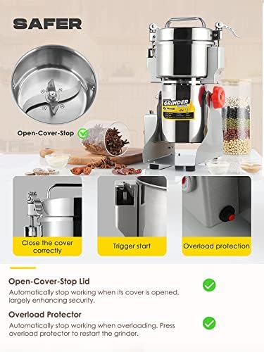 CGOLDENWALL 800g Electric Grain Grinder Mill Safety Upgraded 2400W High-speed Spice Herb Grinder Commercial Superfine Machine Dry Cereals Pulverizer CE 110V (800g Swing Type) - Image 3