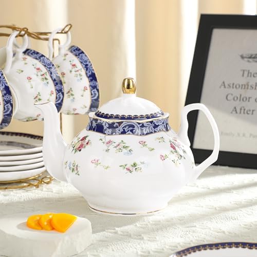 fanquare 21-Piece Blue Lace and Roses Bone China Tea Sets for Adults - Image 2