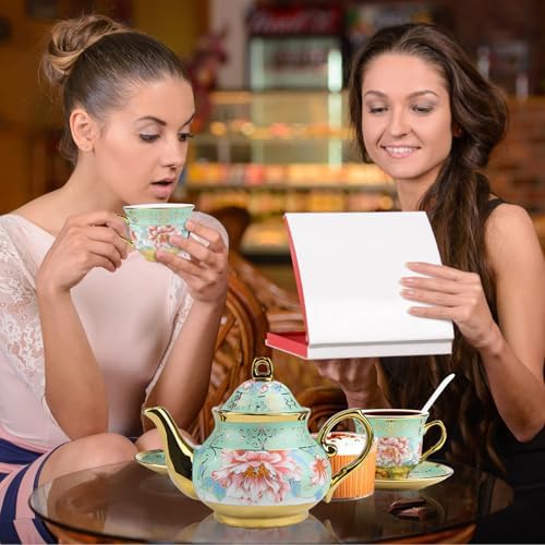 20 Pcs Porcelain Tea Set with Metal Holder and Spoon, European Ceramic Tea Set for Adults, European Flower Painting Teapot Cup Saucer Spoon Set for 6, Gift Pack - Image 6
