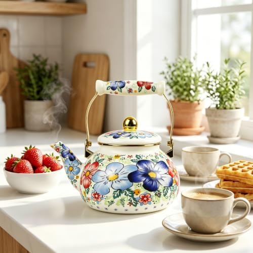 Floral Enamel Tea Kettle Blue Vintage Teapot Stovetop for Stove Boho Bohemain Hot Water Coffee Kettle Pot 2.5L Tea Pot with Ceramic Handle Kitchen Home Decor - Image 3