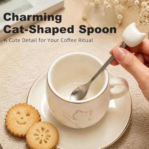 6 oz Ceramic Espresso Cups Set of 2 with Saucers, Cat Coffee Cups with Gold Rim and Gift Box for Cappuccino and Coffee, White - Image 4