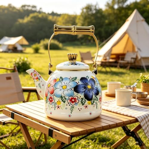 Vintage Tea Kettle Enamel Blue Floral Stovetop Teapot 2.5L Kitchen Decor - Image 4