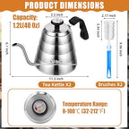 2 Sets Tea Kettle with Thermometer Pot and 2 Pcs Brushes, 40 Fl oz Stainless Steel Gooseneck Pour over Coffee Maker Teapot Pour over Coffee Kettle, 1200ml for Home Kitchen Camping - Image 2